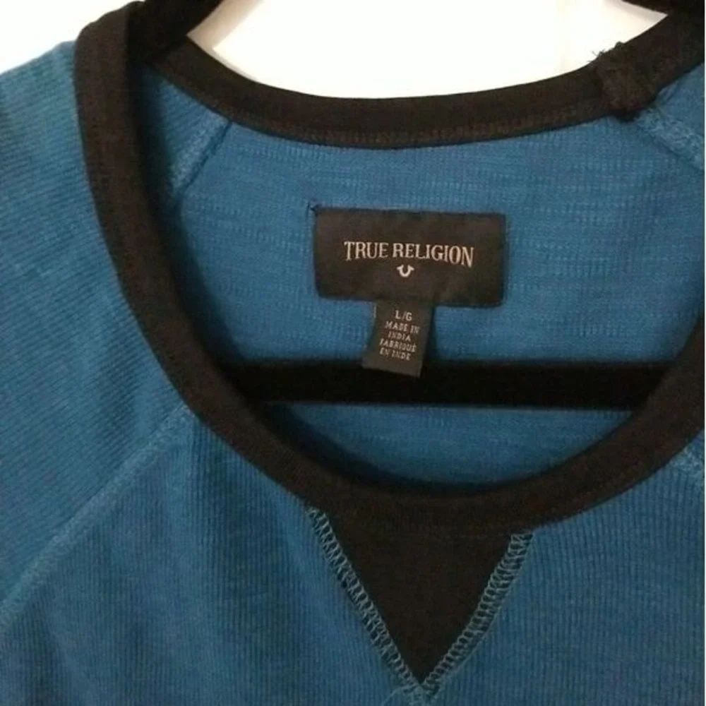 TRUE RELIGION Logo Waffle Knit‎ Raglan Crew Shirt Long Sleeve Mens L Aqua Blue